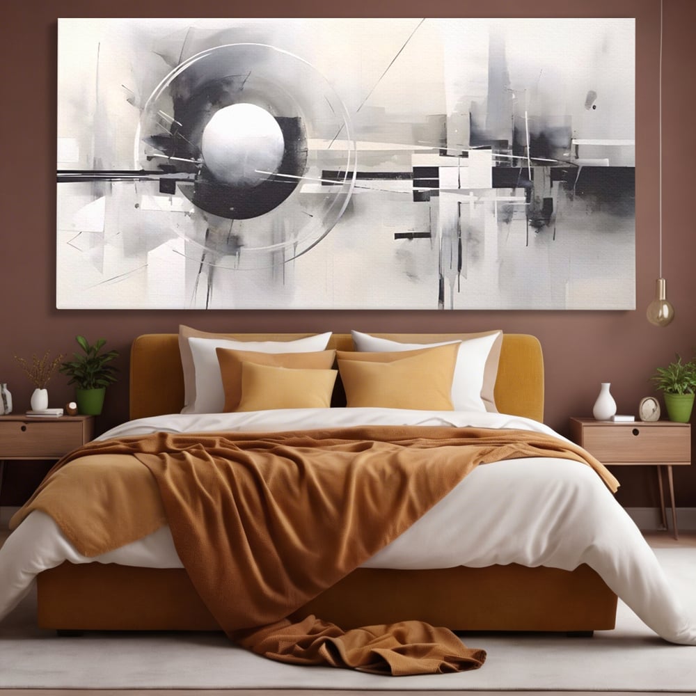 Tablou canvas cu pictura abstracta cu sfera si cercuri, fara rama, pe sasiu de lemn, pe perete intr-un dormitor